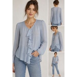 Moulinette Soeurs 100% Silk Blouse Light Blue Ruffle Front Romantic Anthro Sz 0